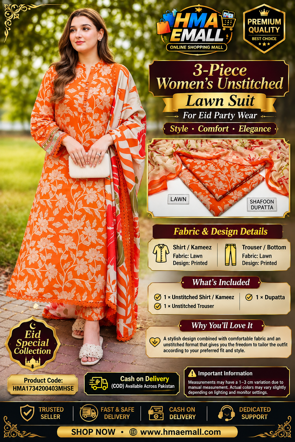 3-Piece Women's Unstitched Orange Printed Lawn Suit for Eid Party Wear