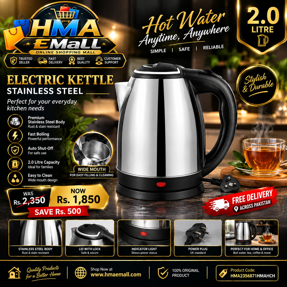 Electric Kettle Stainless Steel 2L