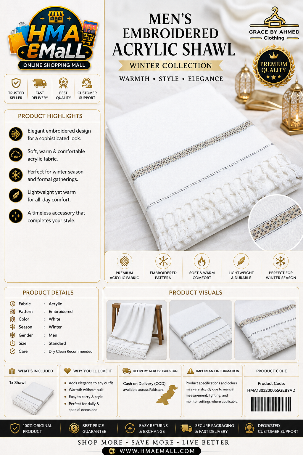 Men's Embroidered Acrylic Shawl White Winter Warm