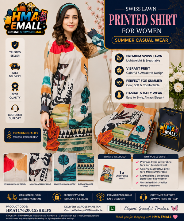 1-Piece Women Unstitched Swiss Lawn Printed Shirt for Summer Casual Wear