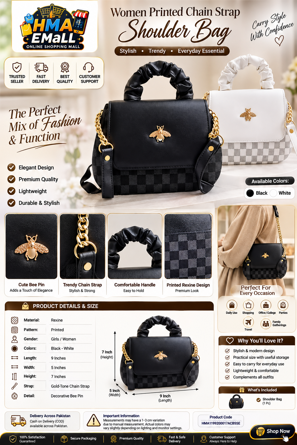 Women Printed Chain Strap Shoulder Bag Black - White