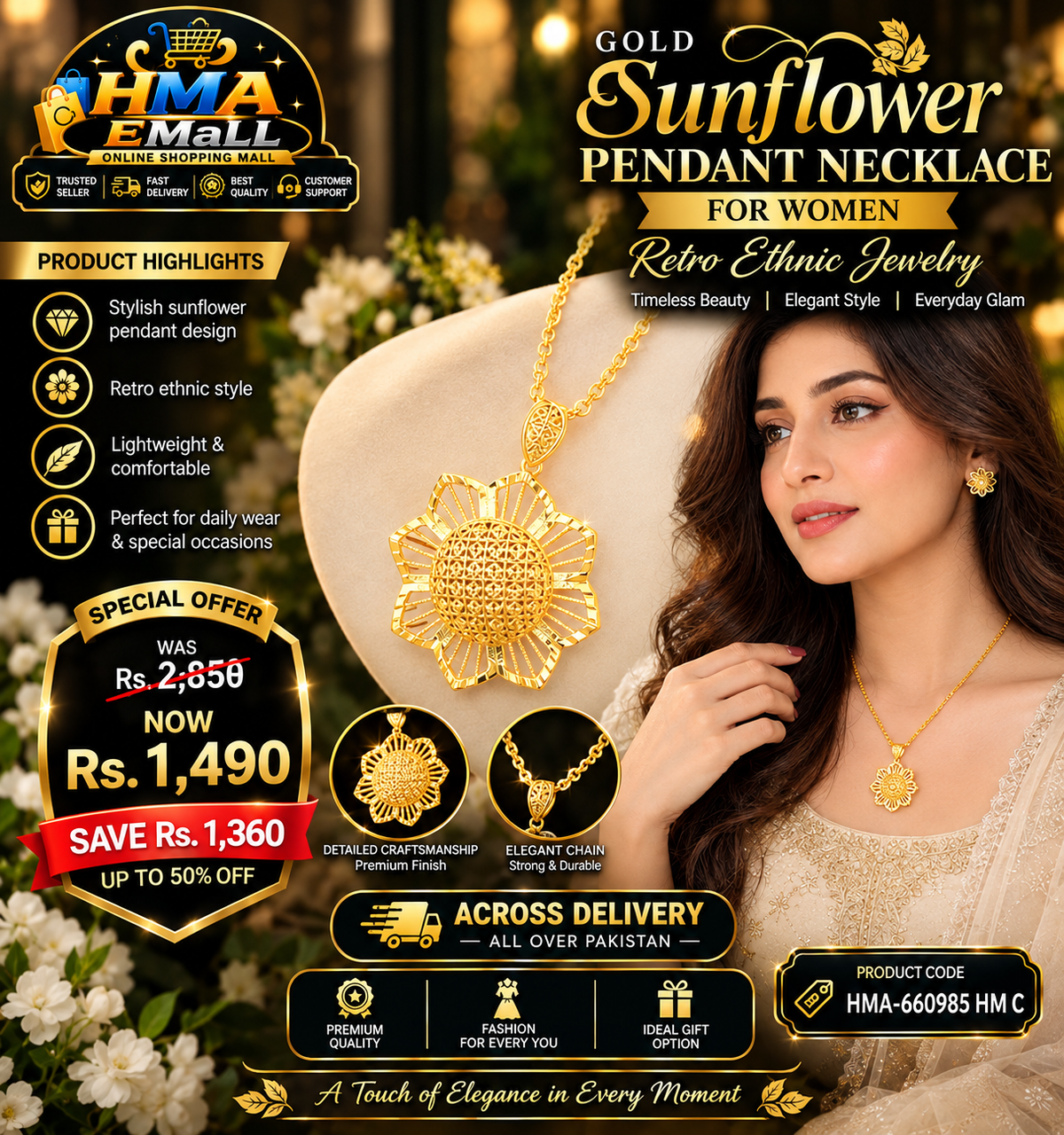 Gold Sunflower Pendant Necklace for Women – Retro Ethnic Jewelry