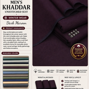 Men's Khaddar Unstitched Plain Maroon Suit - Winter