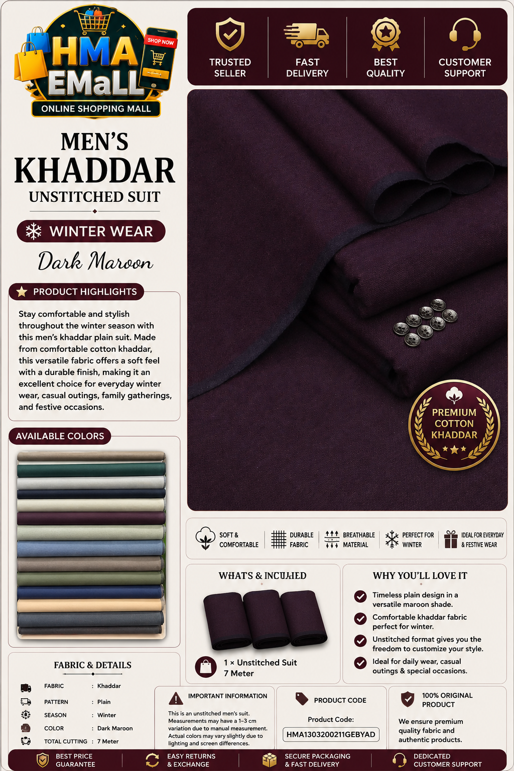 Men's Khaddar Unstitched Plain Maroon Suit - Winter