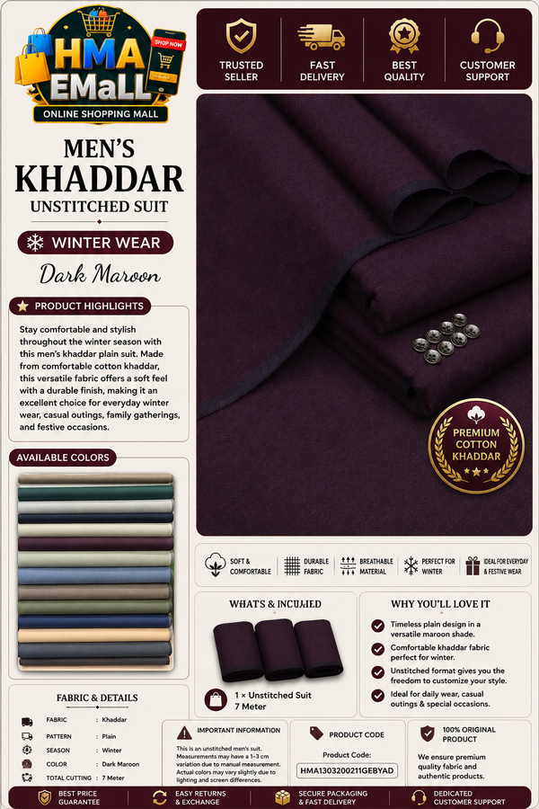 Men's Khaddar Unstitched Plain Maroon Suit - Winter
