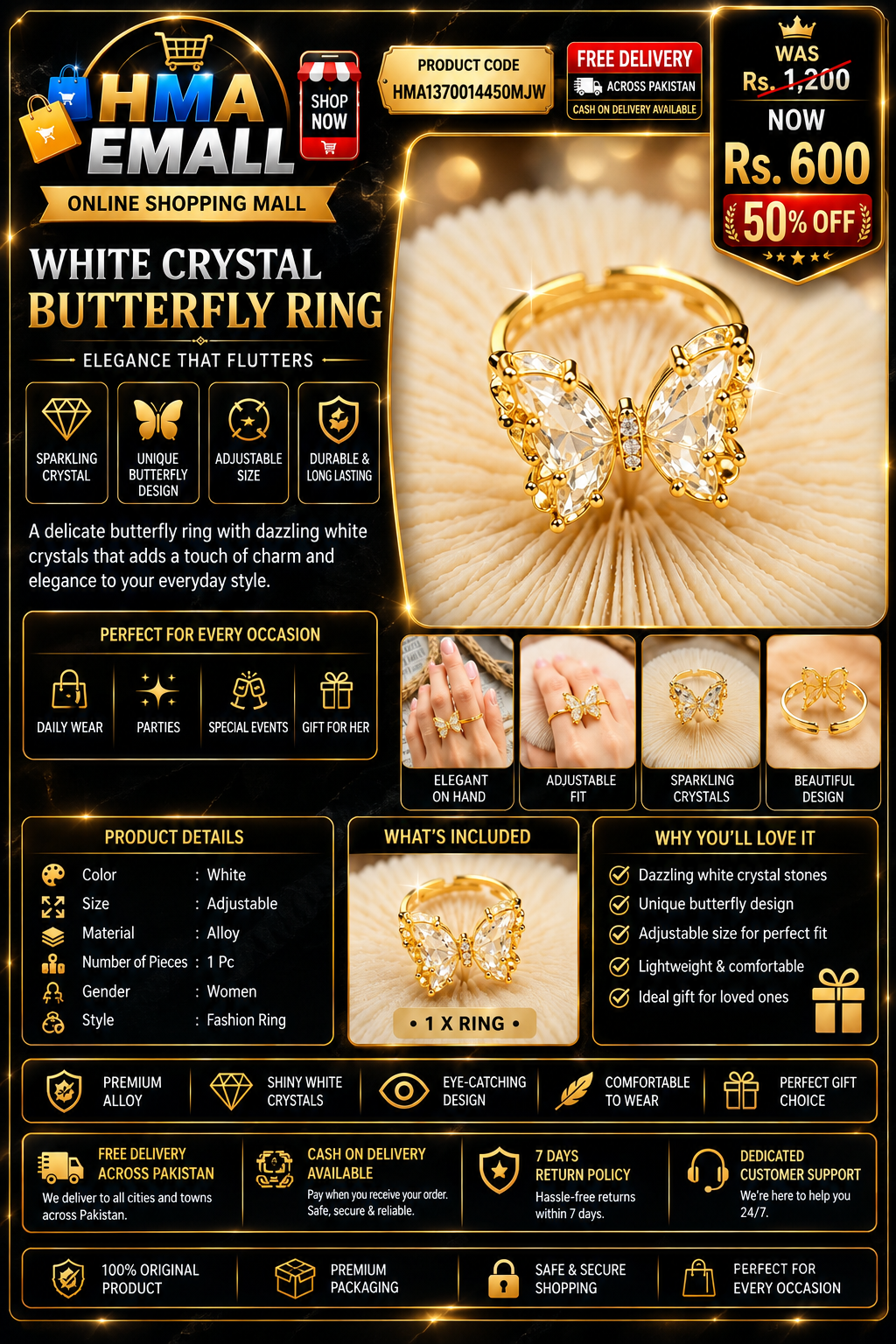 White Crystal Butterfly Ring for Women Adjustable Alloy