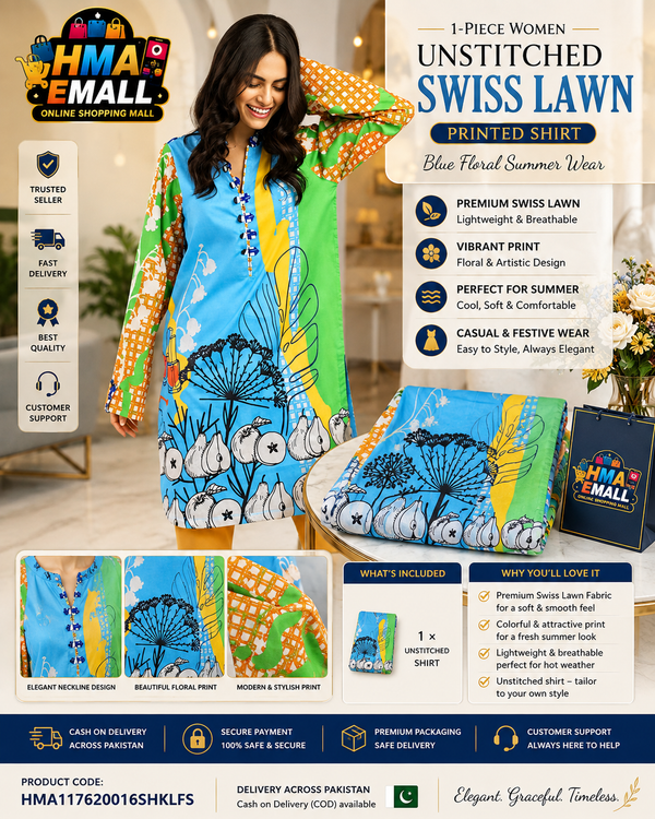 1-Piece Women Unstitched Swiss Lawn Printed Shirt Blue Floral Summer Wear