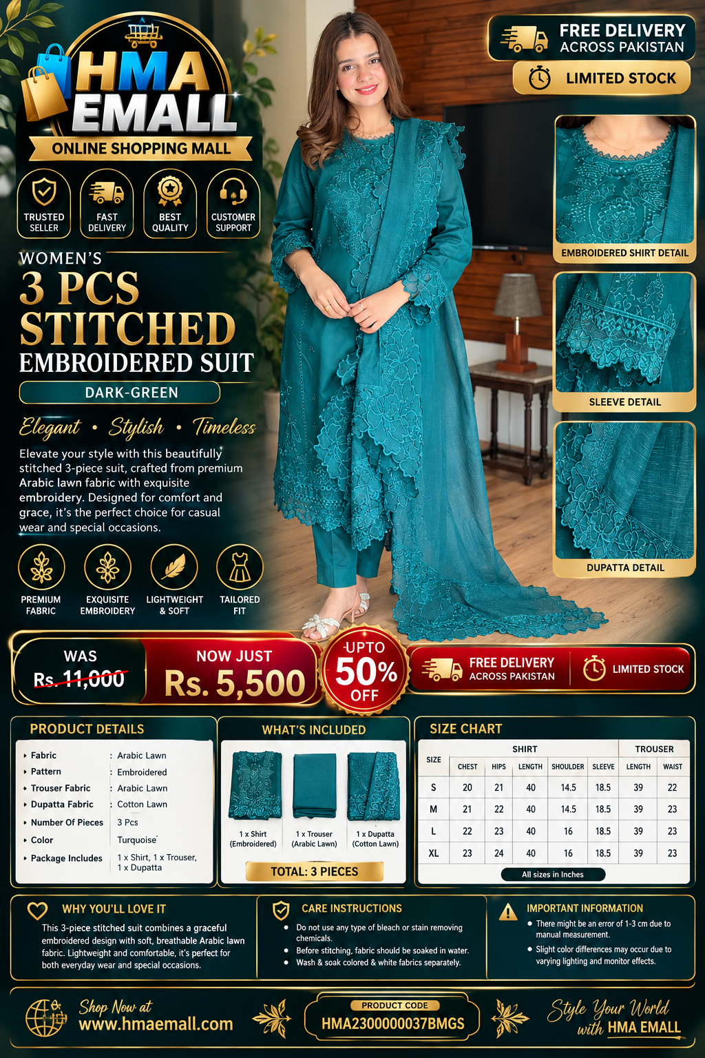 Women's 3 Pcs Premium Quality Arabic Lawn Stitched Embroidered Suit – Dark Green