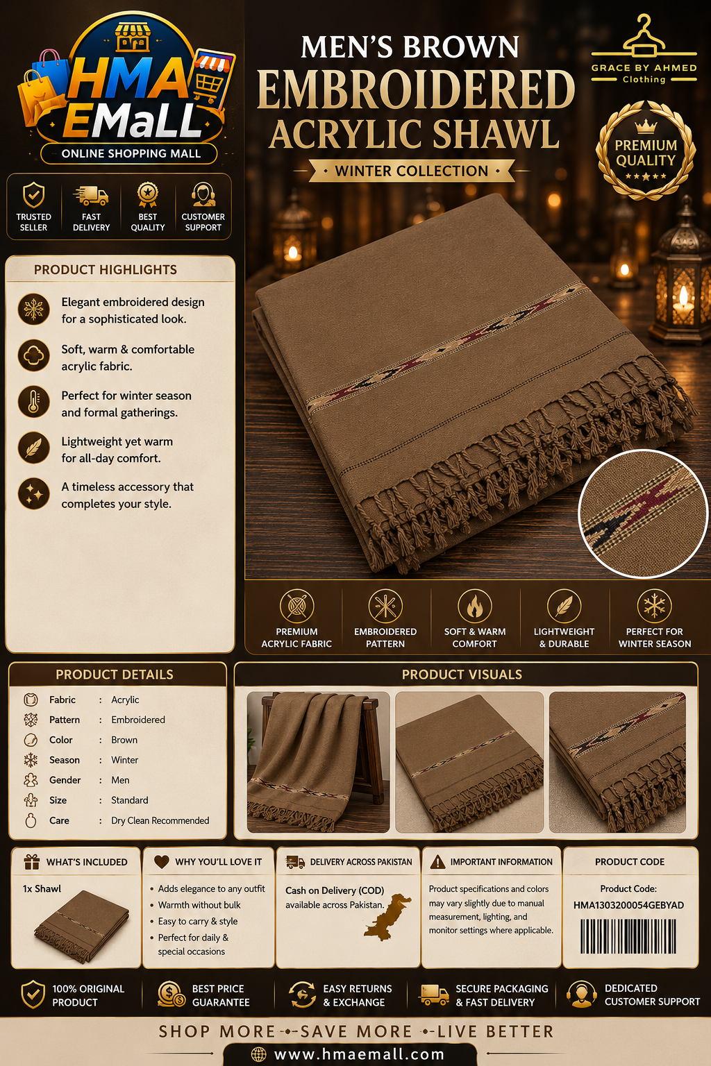 Men's Brown Embroidered Acrylic Shawl Winter Collection