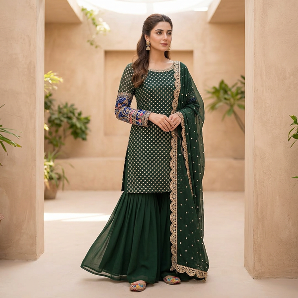 Green Mirror Work 3-Piece Chiffon Suit for Women