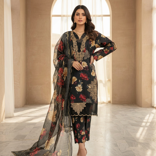 Black Floral 3-Piece Pakistani Suit with Chiffon Dupatta