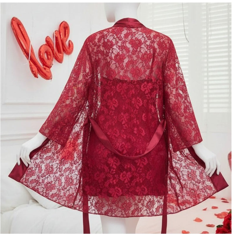 Soft Lace Robe & Silk Inner – 2 Piece Transparent Net Gown Set