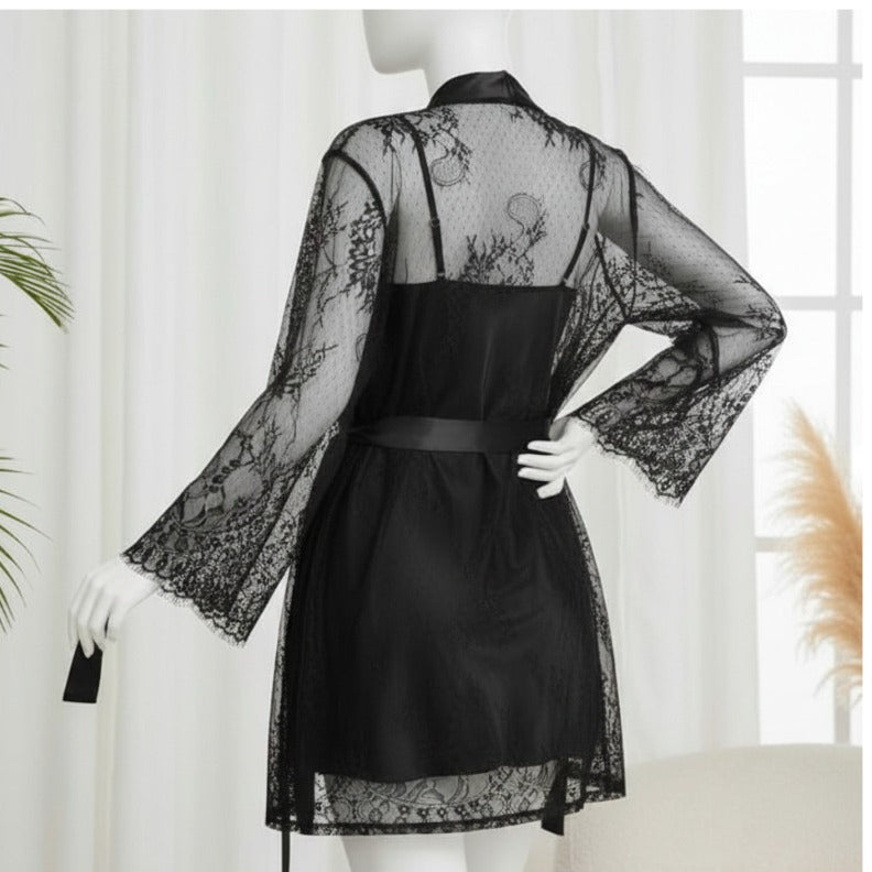 Soft Lace Robe & Silk Inner – 2 Piece Transparent Net Gown Set
