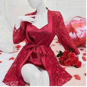 Soft Lace Robe & Silk Inner – 2 Piece Transparent Net Gown Set