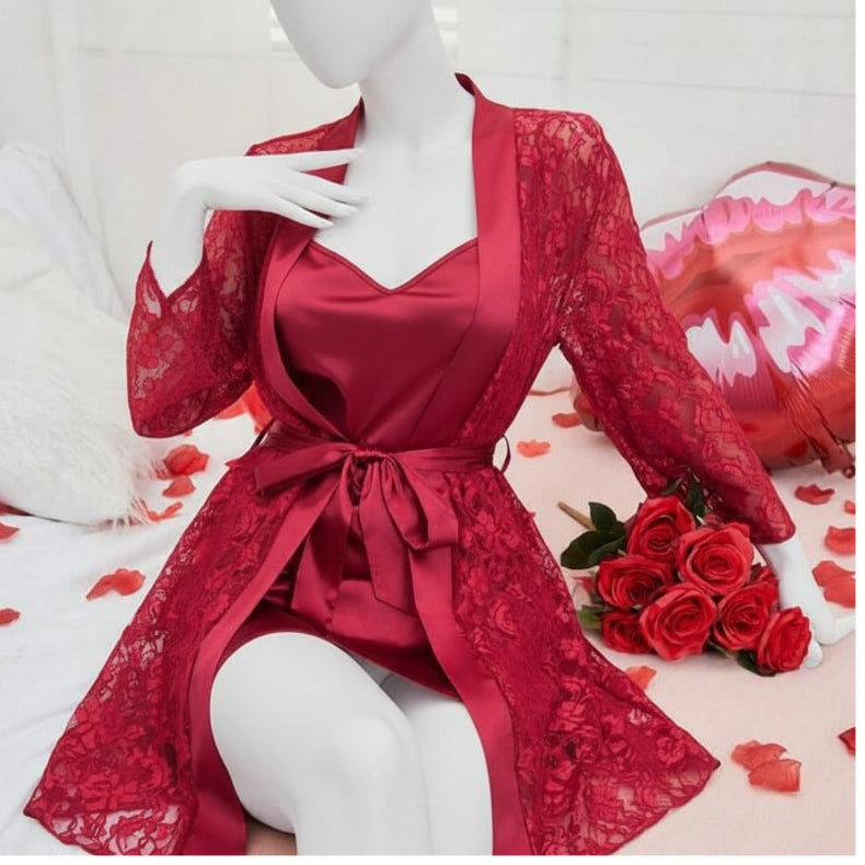 Soft Lace Robe & Silk Inner – 2 Piece Transparent Net Gown Set