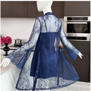 Soft Lace Robe & Silk Inner – 2 Piece Transparent Net Gown Set