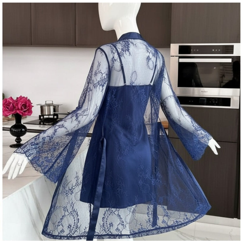 Soft Lace Robe & Silk Inner – 2 Piece Transparent Net Gown Set