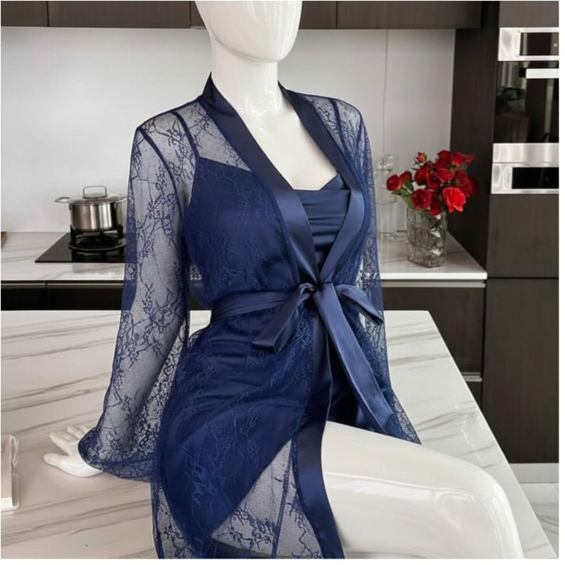Soft Lace Robe & Silk Inner – 2 Piece Transparent Net Gown Set