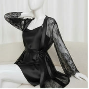 Soft Lace Robe & Silk Inner – 2 Piece Transparent Net Gown Set