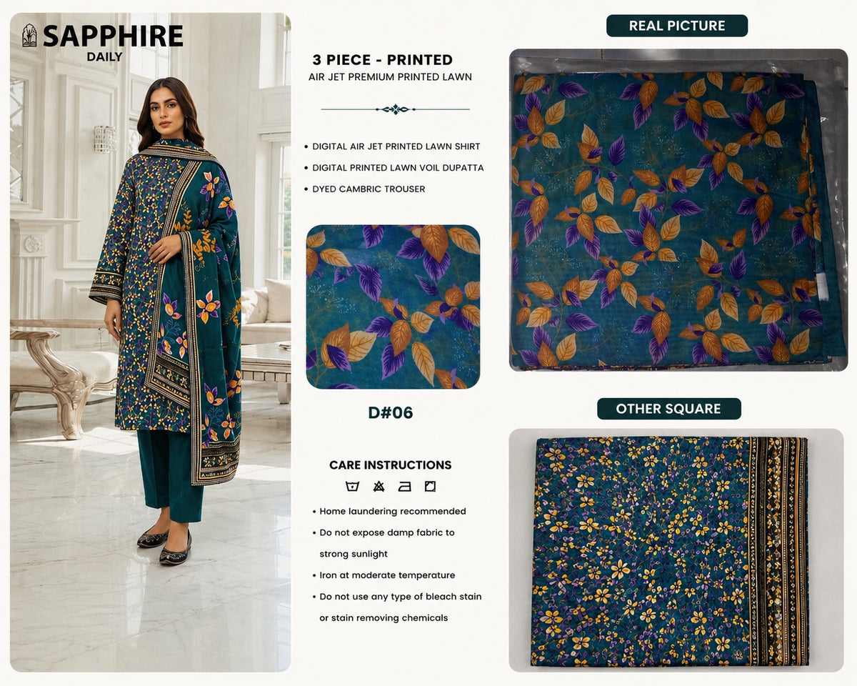 SAPPHIRE – Women’s 3-Pcs Green-Floral Unstitched Printed Lawn Suit – Apparel Accessory Designed for Fashion