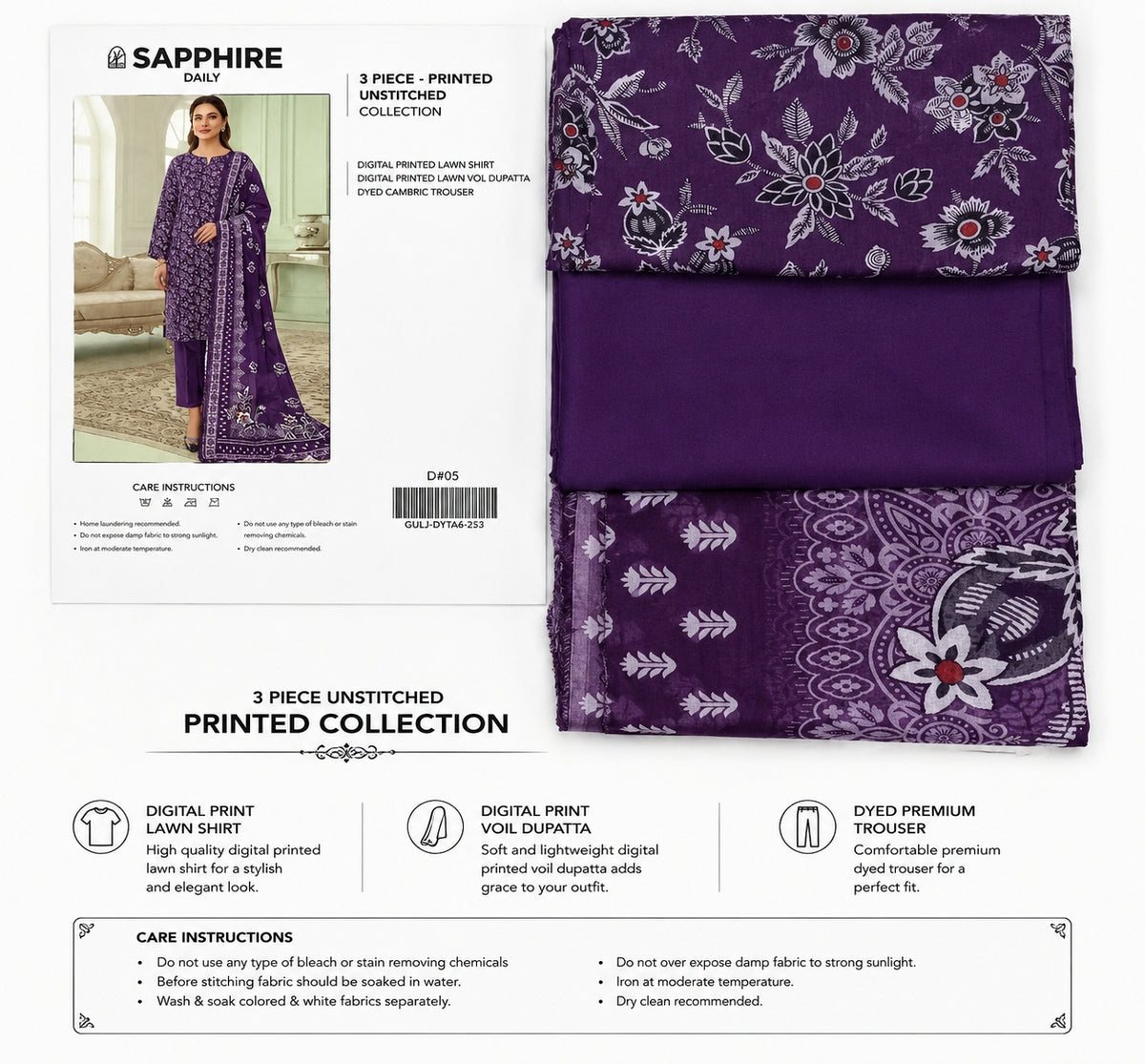 SAPPHIRE – Women’s 3-Pcs Purple-Floral Unstitched Printed Lawn Suit – Apparel Accessory Designed for Fashion